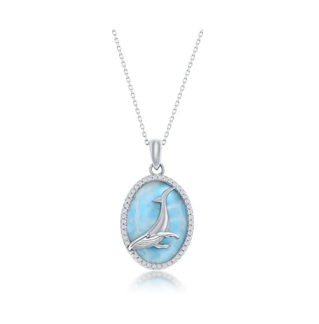 Sterling Silver Larimar w/ Center Whale and Cz Outline Oval Necklace Product Image