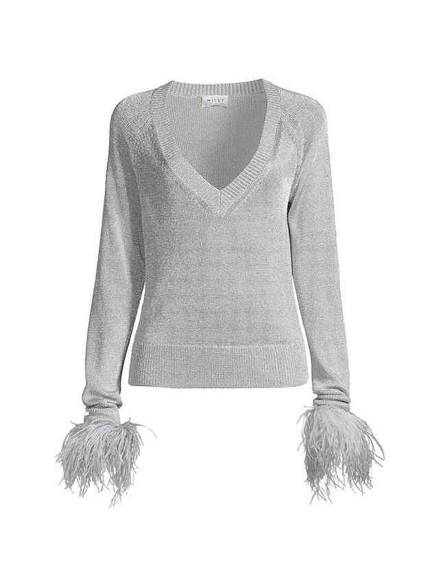 Womens Feather-Trimmed Metallic Knit Pullover Sweater Product Image