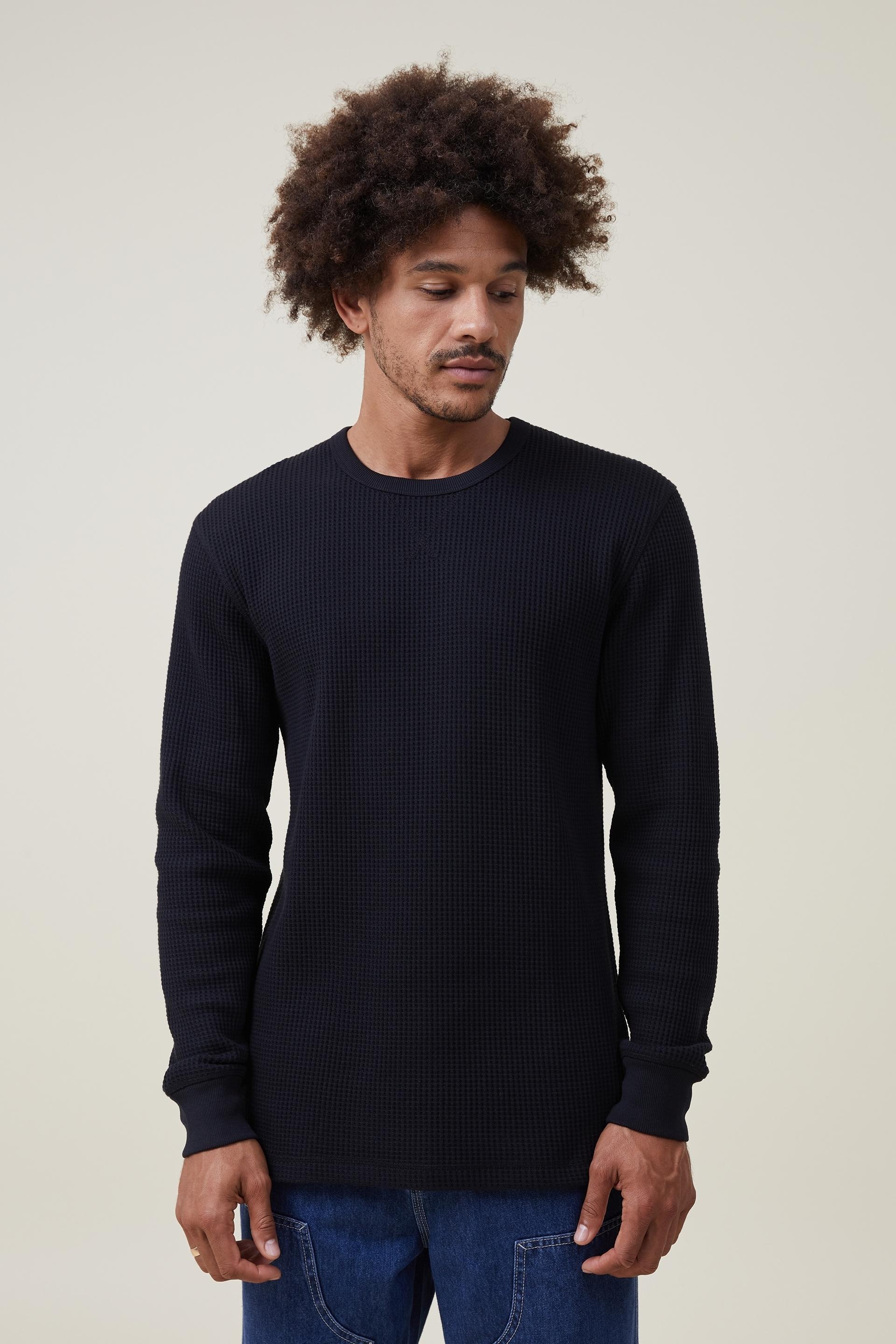 Cotton On Men - Chunky Waffle Long Sleeve Tshirt - Washed black waffle Product Image