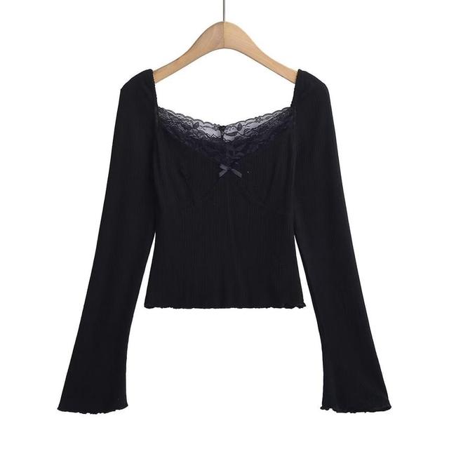 Long-Sleeve V-Neck Plain Lace Panel Bow Accent Slim Fit Crop Tee Product Image