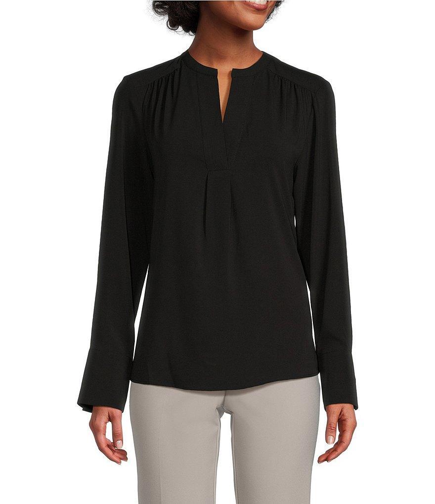 Calvin Klein Solid Crepe de Chine Split V-Neck Long Sleeve Blouse Product Image