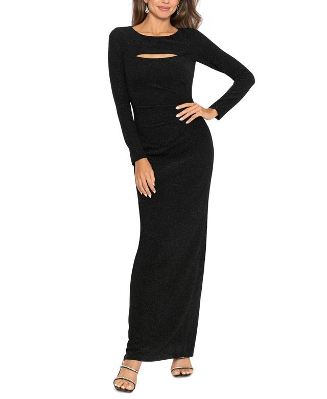 Xscape Womens Long-Sleeve Metallic Cutout Dress Product Image