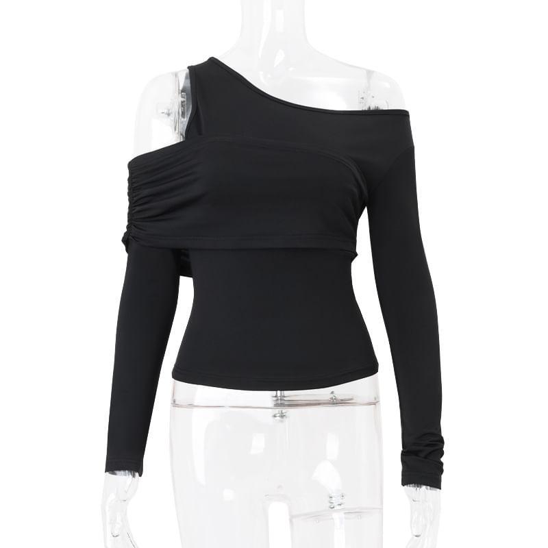 Long-Sleeve Cold-Shoulder Plain Asymmetrical Knit Top Product Image