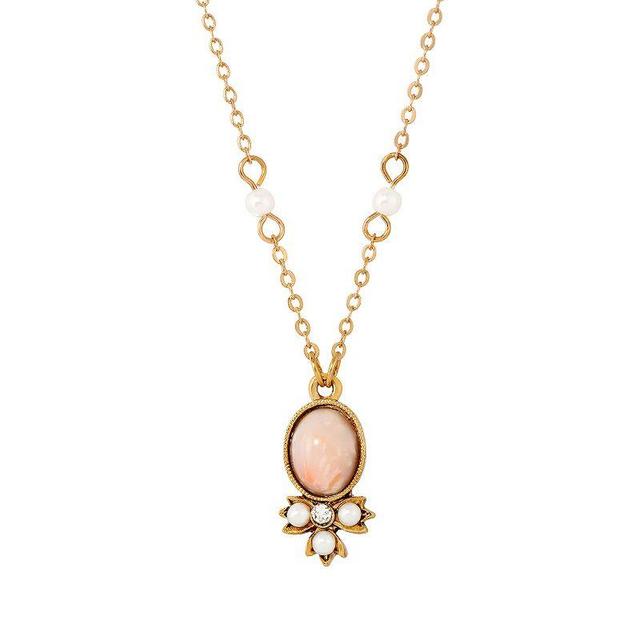 1928 Gold Tone Peach Color Simulated Pearl and Crystal Drop Necklace, Womens, White Product Image