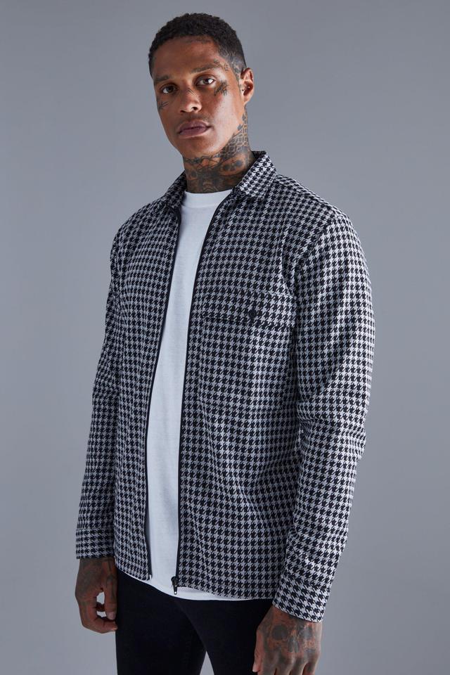 Mens Grey Dogtooth Jacquard Zip Through Overshirt, Grey Product Image