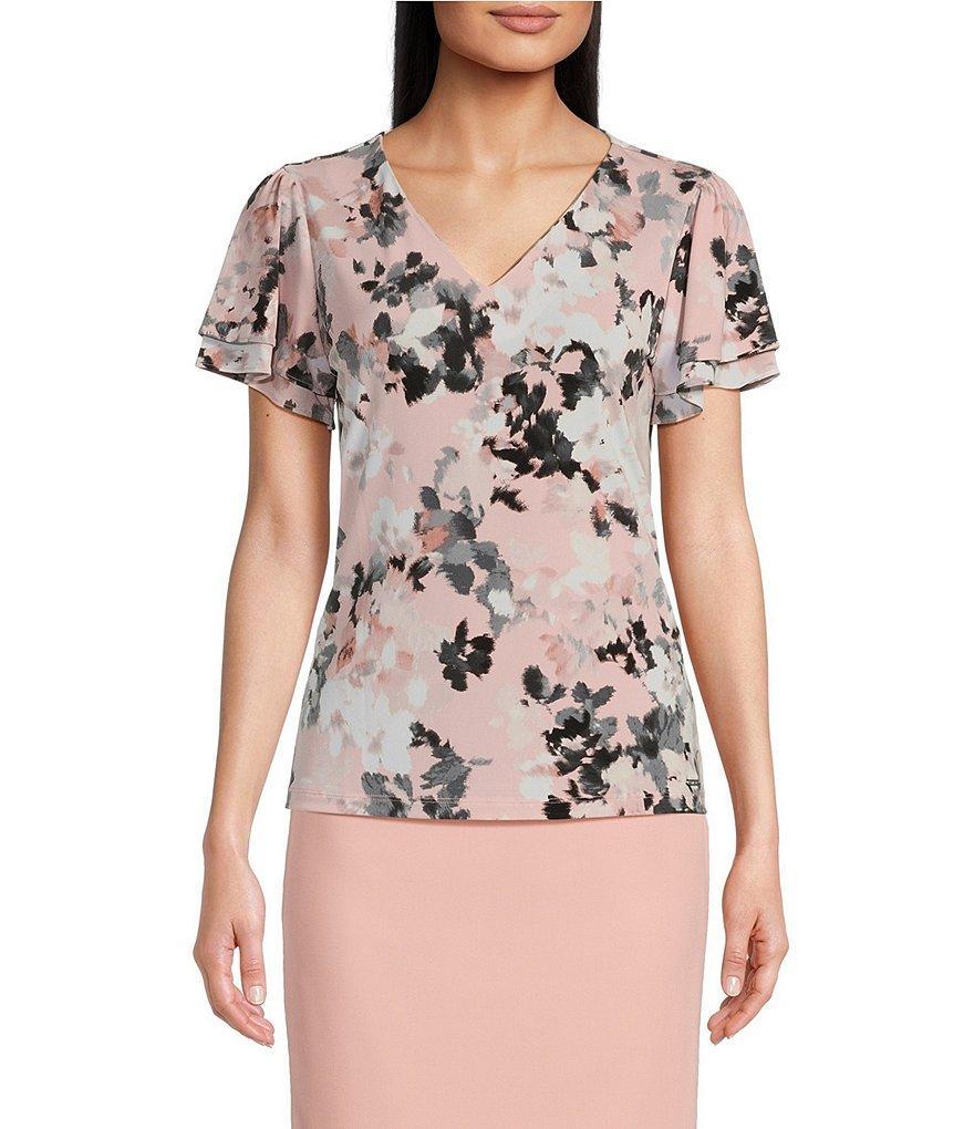 Calvin Klein Petite Size Floral Print Matte Jersey V-Neck Short Double Flutter Sleeve Top Product Image