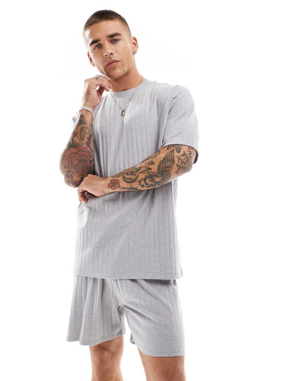 ASOS DESIGN pajama set with waffle shorts in gray heather Product Image