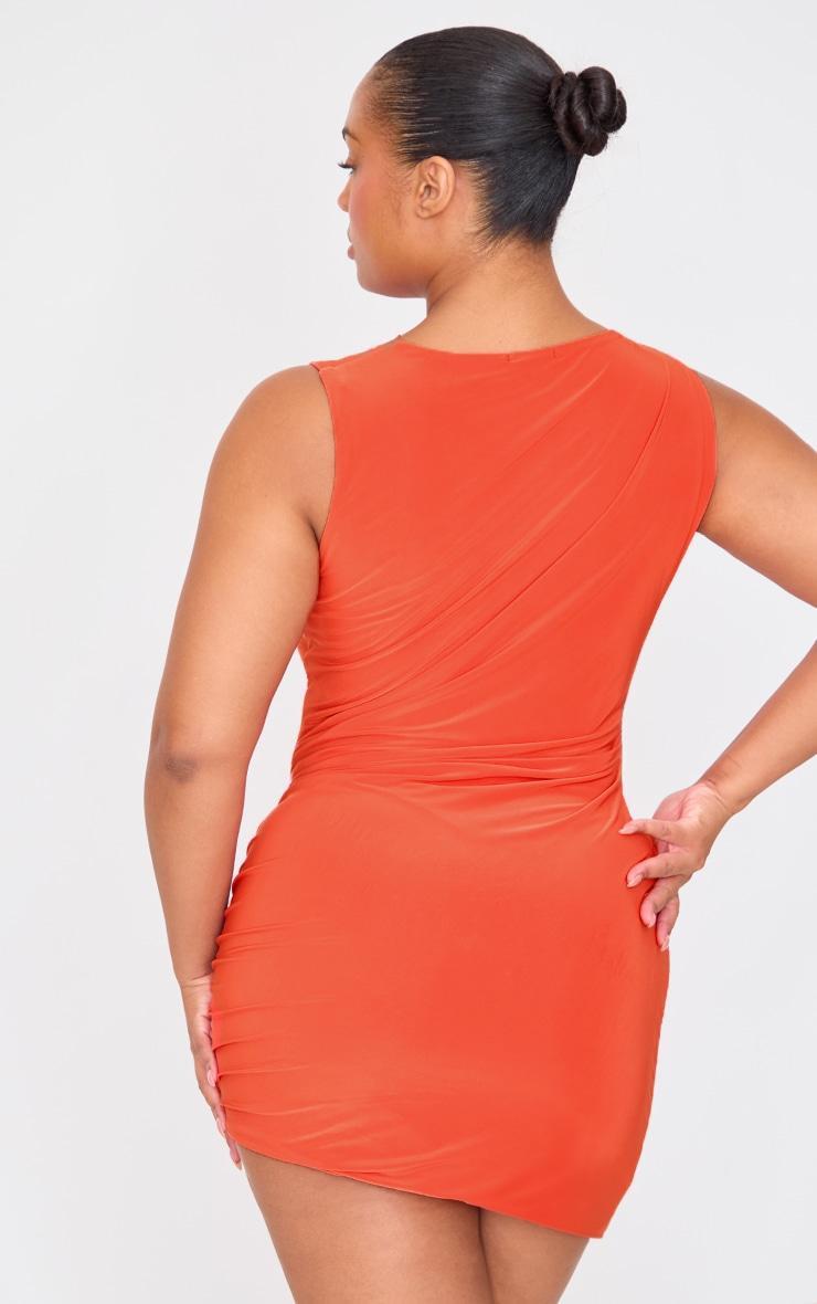 Bright Orange Slinky Ruched Shoulder Racer Neck Bodycon Dress Product Image