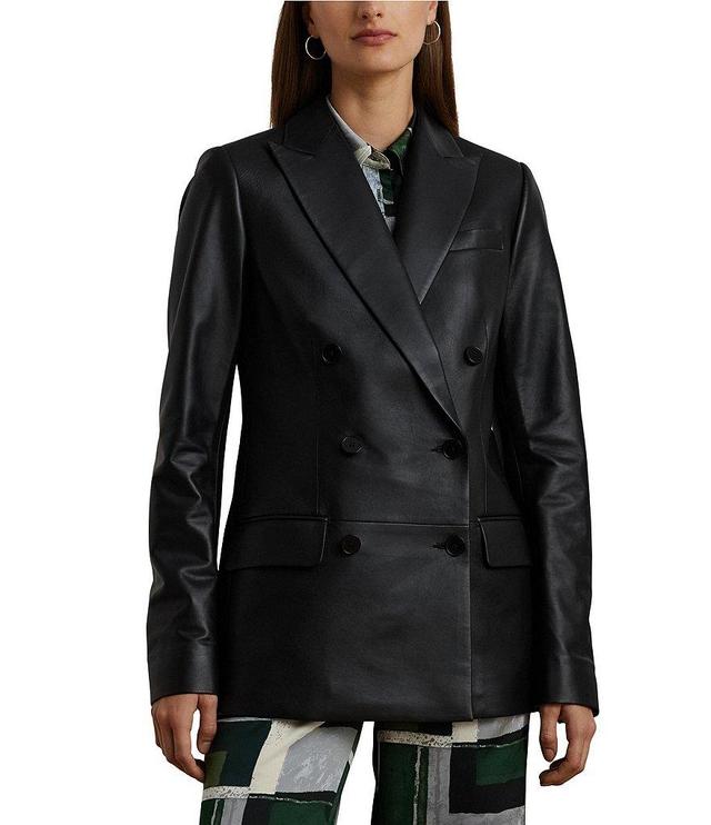 Lauren Ralph Lauren Nappa Leather Peak Lapel Long Sleeve Double Breasted Jacket Product Image