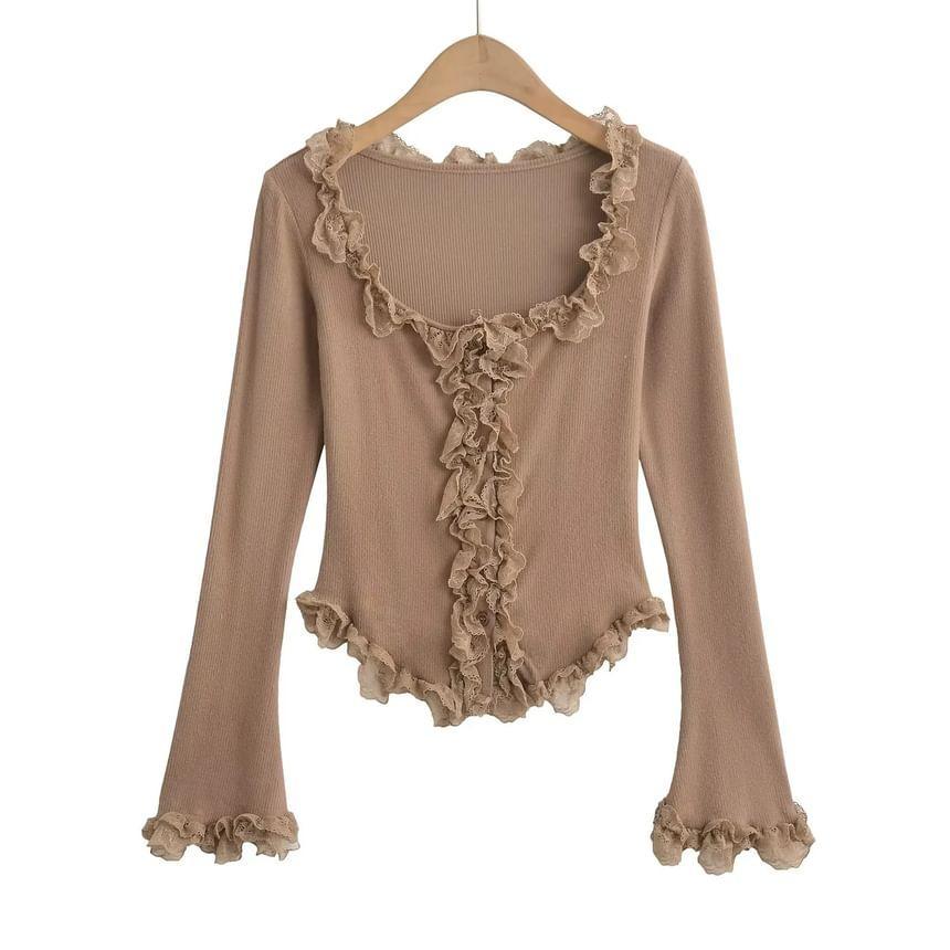 Long-Sleeve Scoop Neck Frill Trim Plain Top Product Image