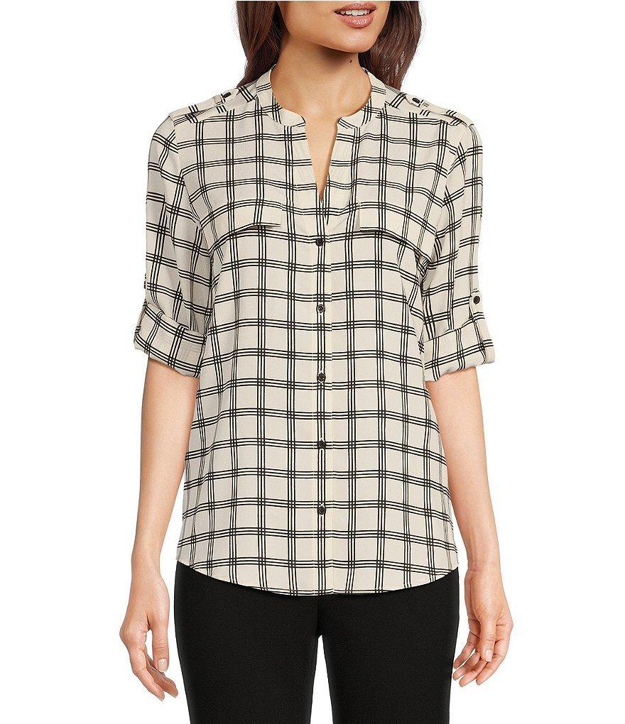 Calvin Klein Crepe de Chine Y-Neck Long Sleeve Button-Front Top Product Image