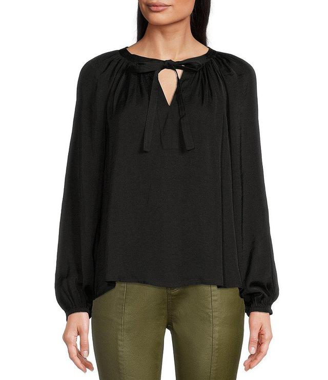 Gibson & Latimer Moonshadow Satin Tie Front Split Round Neck Long Peasant Sleeve Woven Top Product Image