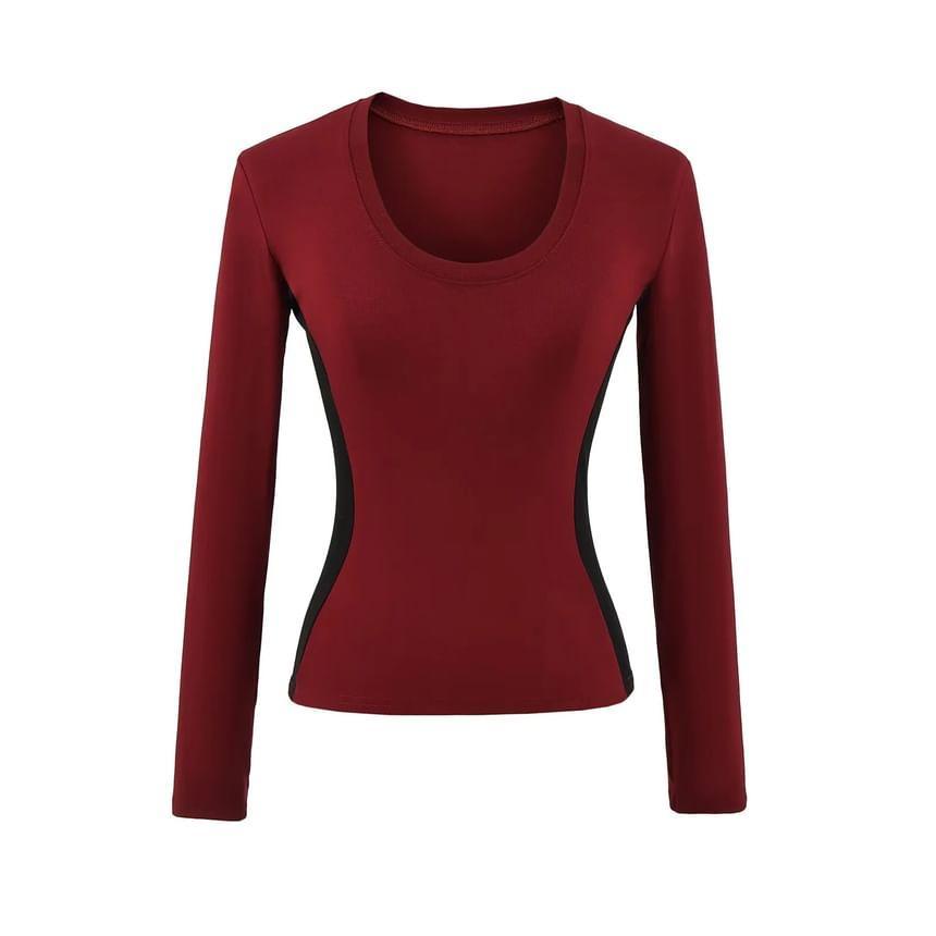 Long-Sleeve Scoop Neck Plain Crop Top Product Image