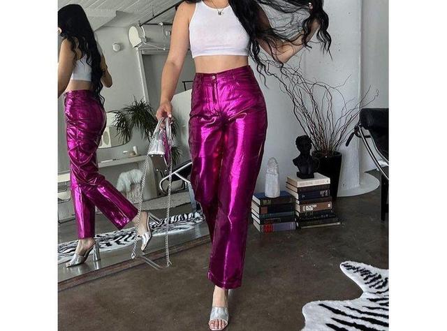 High Waist Metallic Faux Leather Straight Leg Pants Product Image