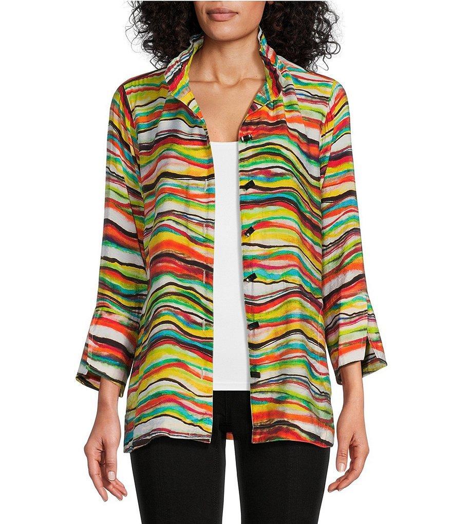 Multiples Petite Size Multicolor Wave Print Stand Collar 3/4 Flounce Sleeve Button-Front Jacket Product Image