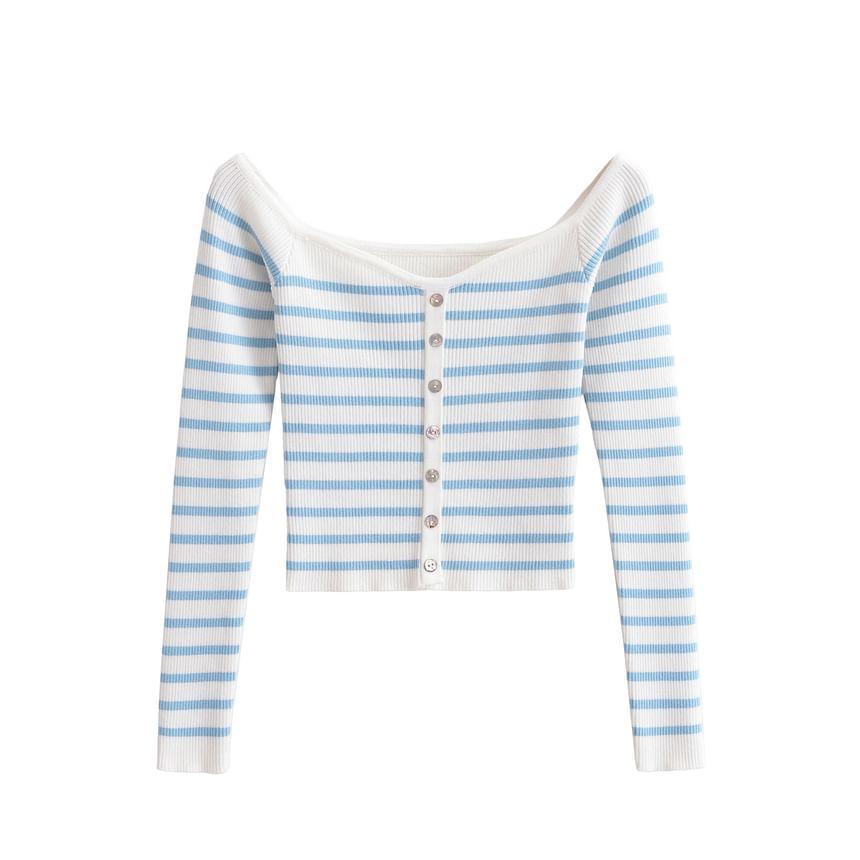 Long-Sleeve Boat Neck Striped Button Crop Knit Top Product Image