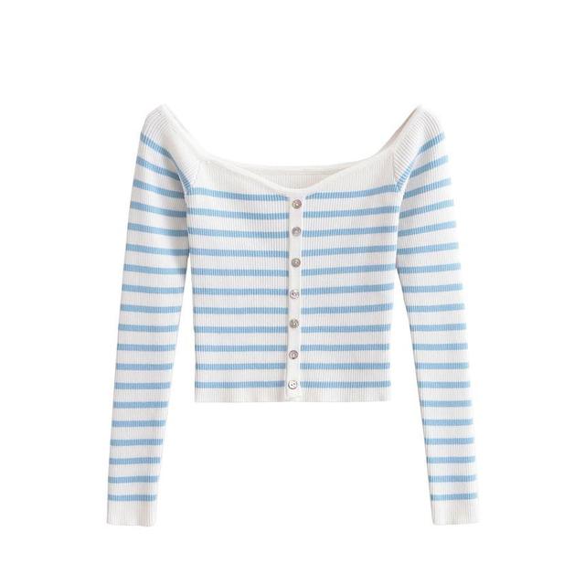 Long-Sleeve Boat Neck Striped Button Crop Knit Top Product Image