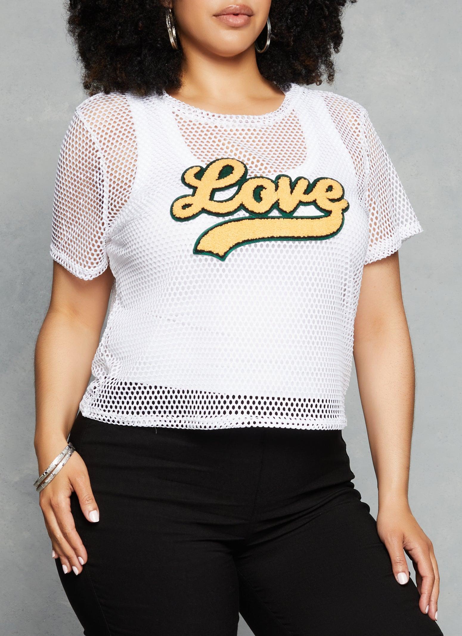 Womens Plus Size Love Graphic Patch Fishnet Top Product Image