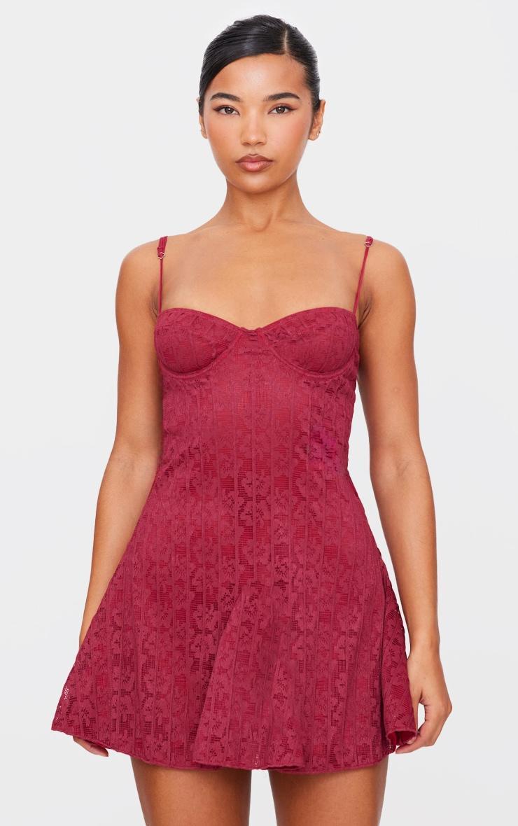 Cherry Red Lace Mini Shift Dress Product Image