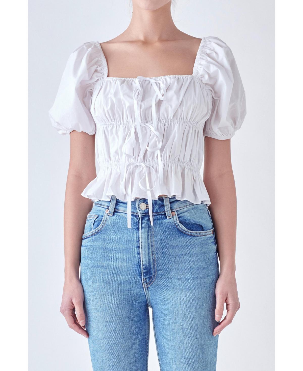 English Factory Womens Tie Detail Shirring Top with Short Sleeves Product Image