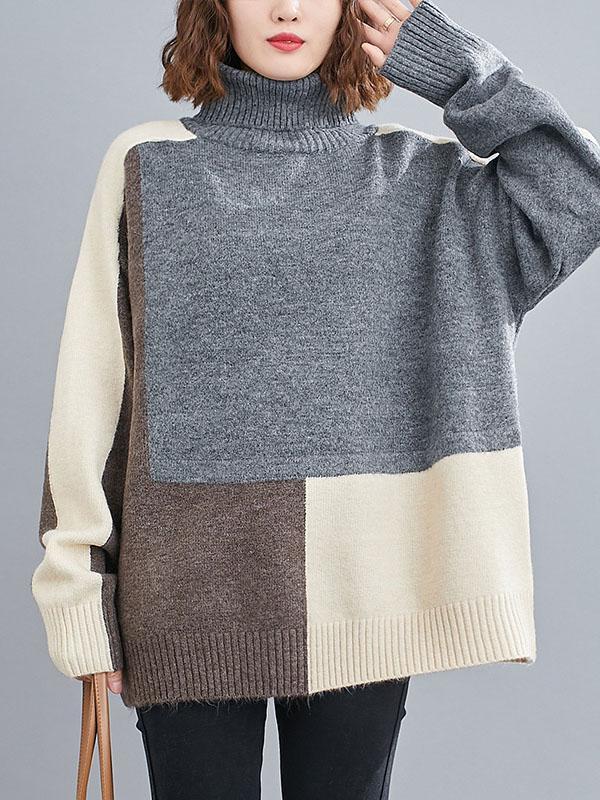 Stylish Split-Joint High-Neck Knitting Sweater Product Image