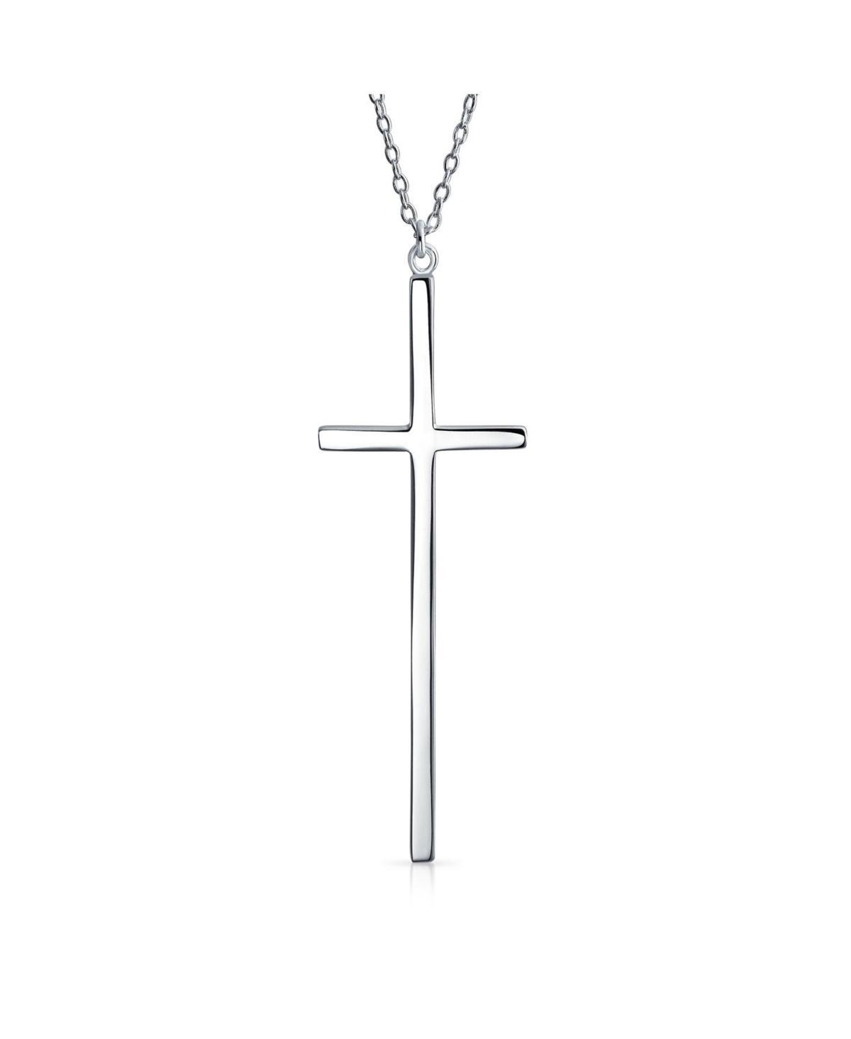 Modern Elongated Simple Basic Long Flat Thin Delicate Religious Latin Cross Pendant Necklace For Women Teen.925 Sterling Silver Product Image