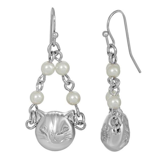 1928 Silver Tone Cat Faux Pearl Drop Earrings, Womens, White Product Image