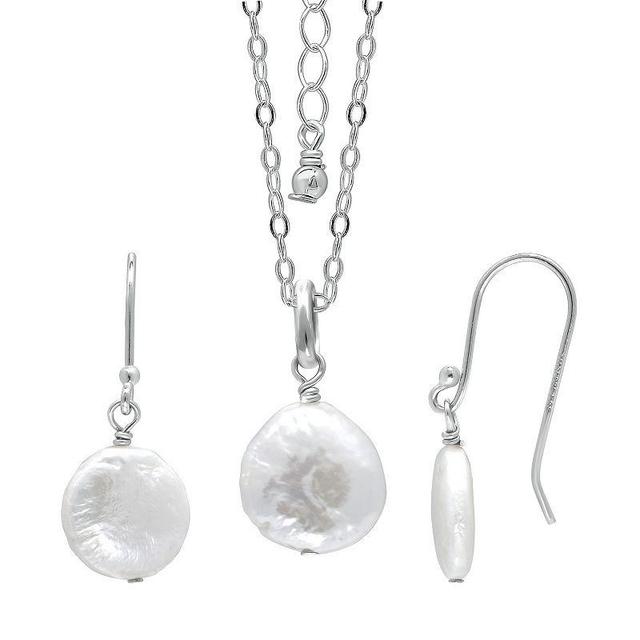 Aleure Precioso terling Silver Freshwater Cultured Pearl Medallions Pendant Necklace & Drop Earrings Set, Womens Silver Tone White Product Image