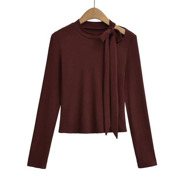 Long Sleeve High Neck Plain Bowknot Detail Crop T-Shirt Product Image