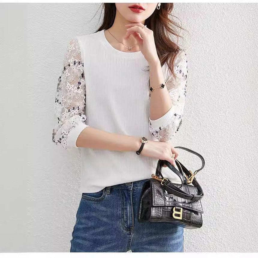 Long-Sleeve Crewneck Lace Top Product Image