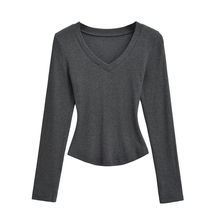 Long-Sleeve V-Neck Plain Crop Top Product Image