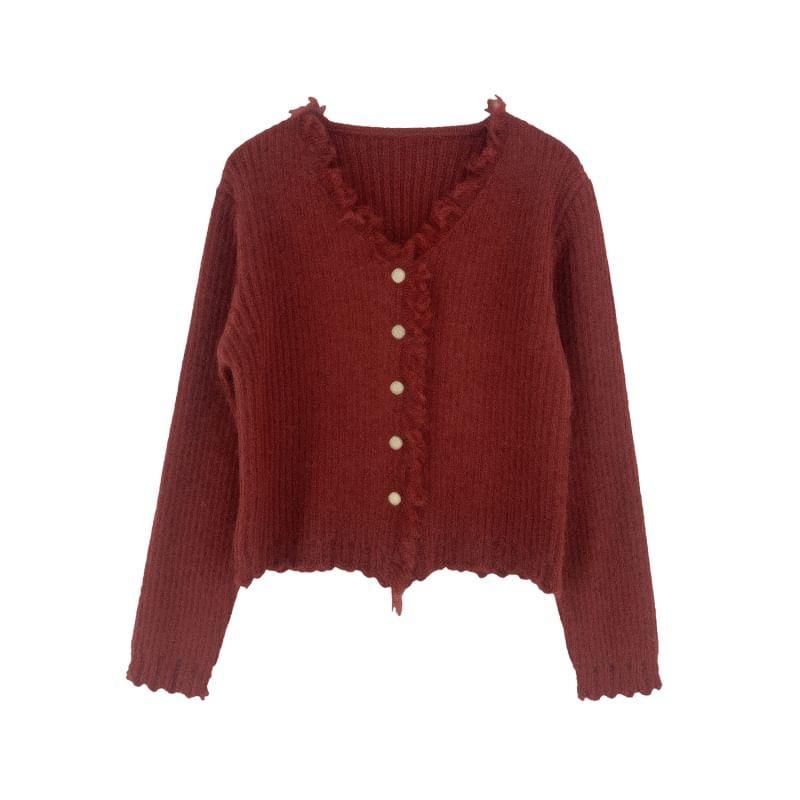 V-Neck Plain Fringed Trim Ribbed Cardigan Product Image