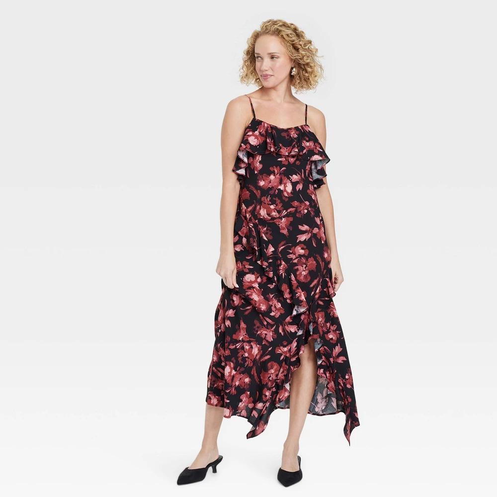 Womens Cold Shoulder Midi Dress - A New Day Black/Red Floral XS Product Image