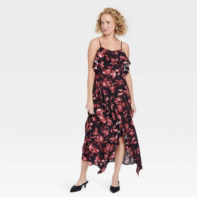 Womens Cold Shoulder Midi Dress - A New Day Black/Red Floral M Product Image