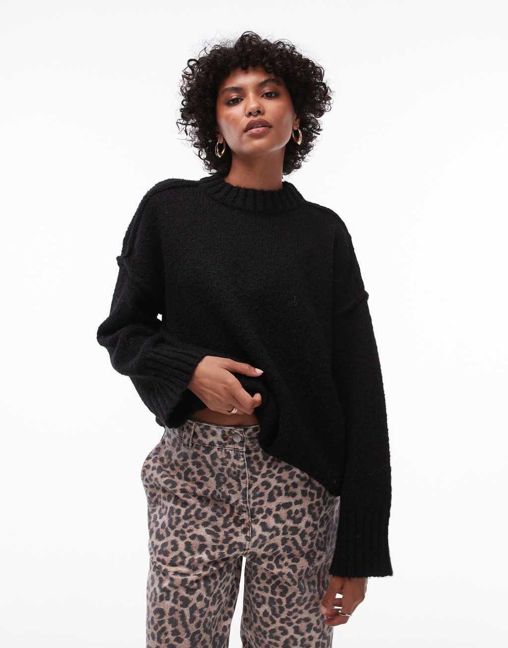 Topshop knit fluffy ribbed detail exposed seam crew oversized sweater in black product image