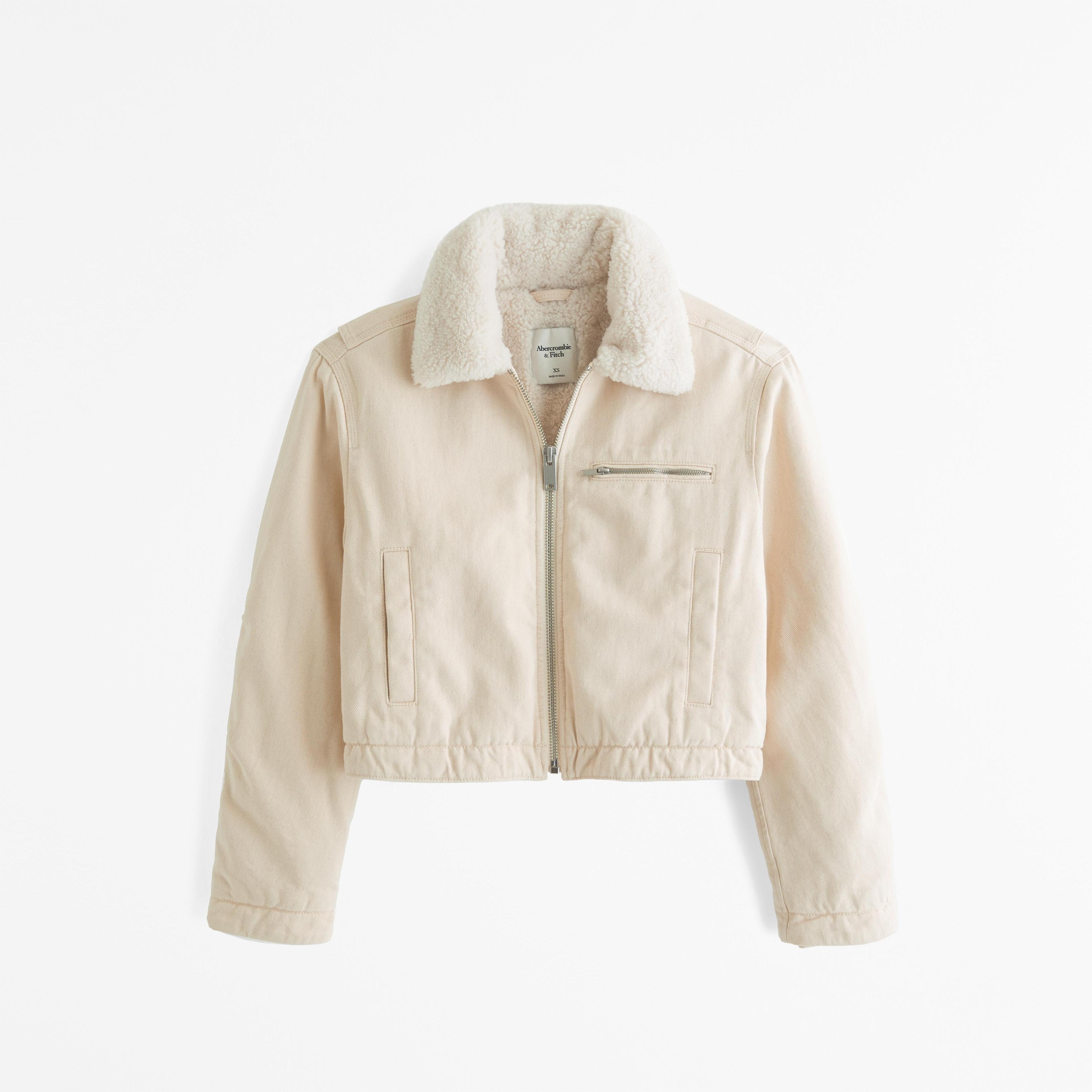 Sherpa-Lined Cropped Twill Workwear Jacket Product Image