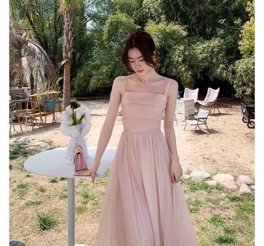 Spaghetti Strap Plain Ruched Maxi A-Line Dress Product Image