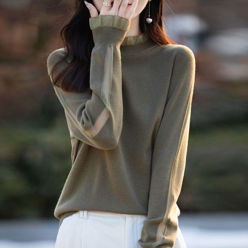 Long Sleeve Mock Neck Plain Frill Knit Top Product Image