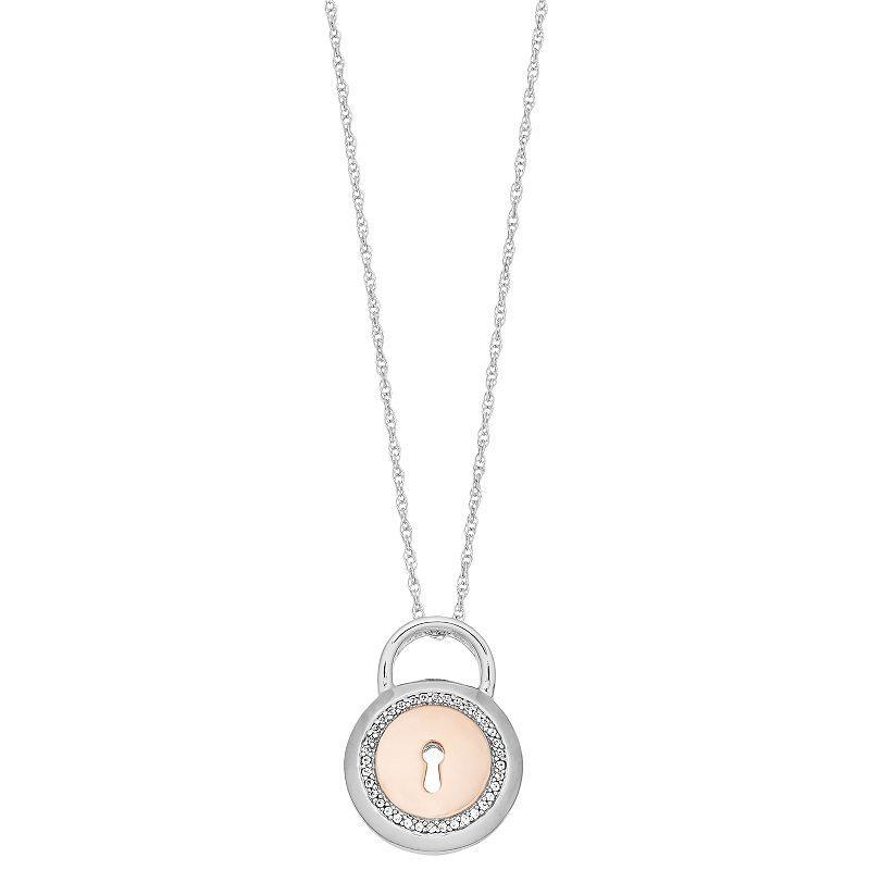 Two Tone Sterling Silver Lab-Created White Sapphire Lock Pendant Necklace, Womens Gold Tone Product Image