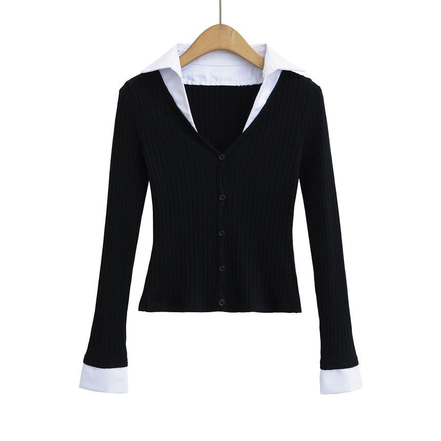 Mock Two-Piece Long-Sleeve Collared Knit Top Product Image