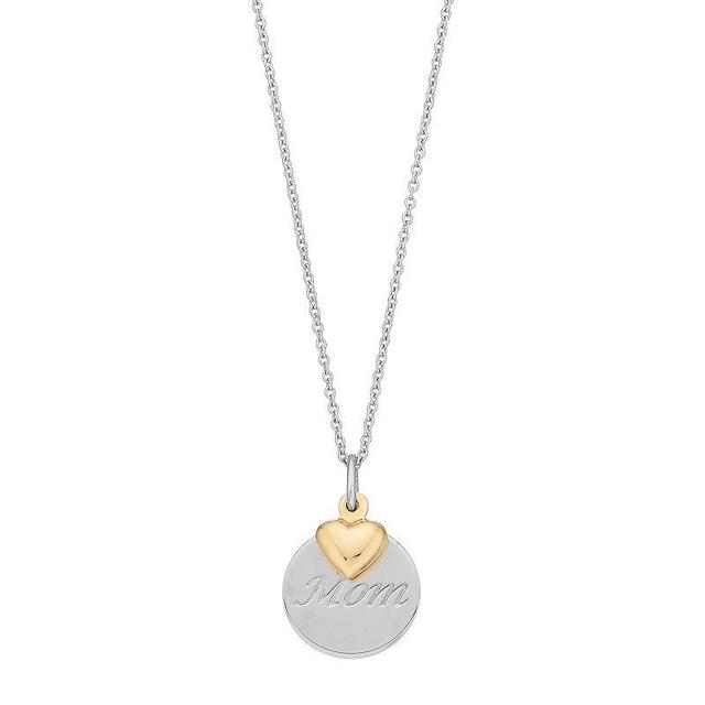 Two Tone Sterling Silver Heart & Mom Disc Pendant Necklace, Womens Product Image