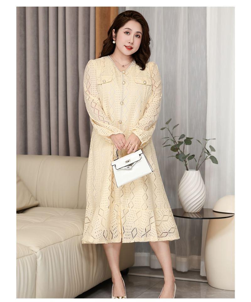 Plus Size Puff-Sleeve V-Neck Patterned Midi Smock Dress Product Image