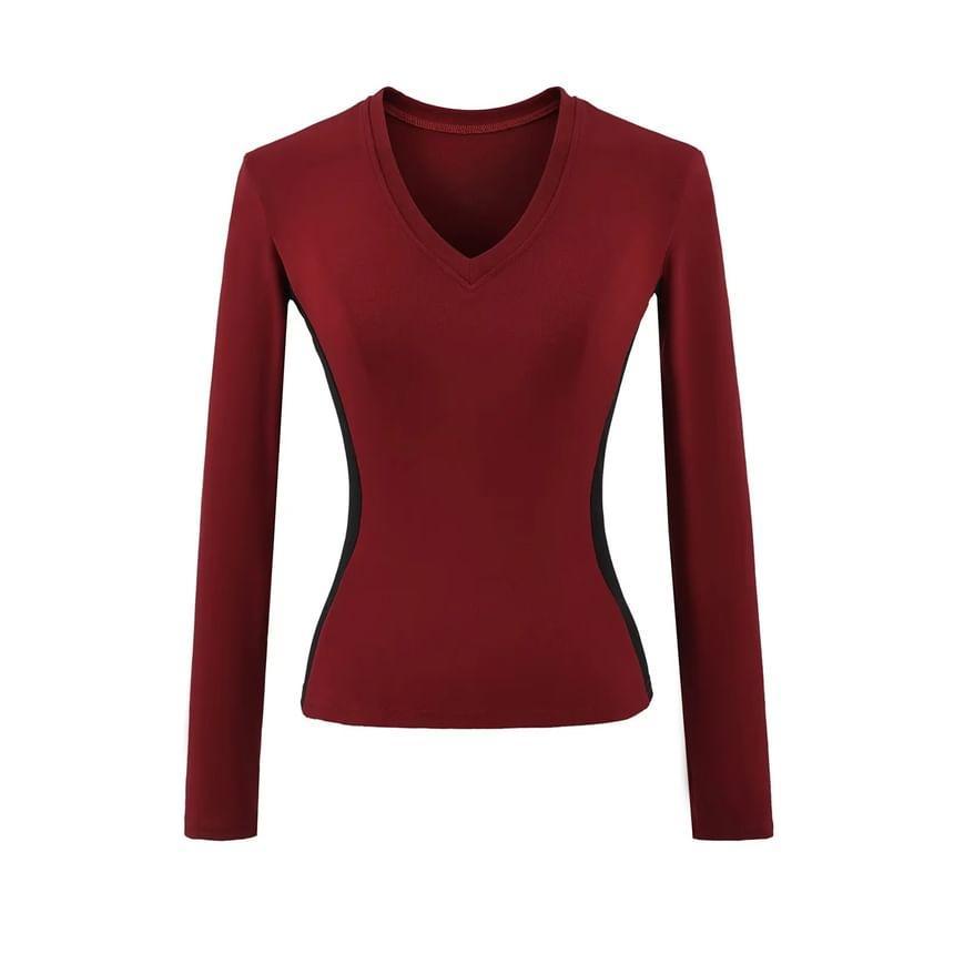 Long-Sleeve V-Neck Plain Crop Top Product Image