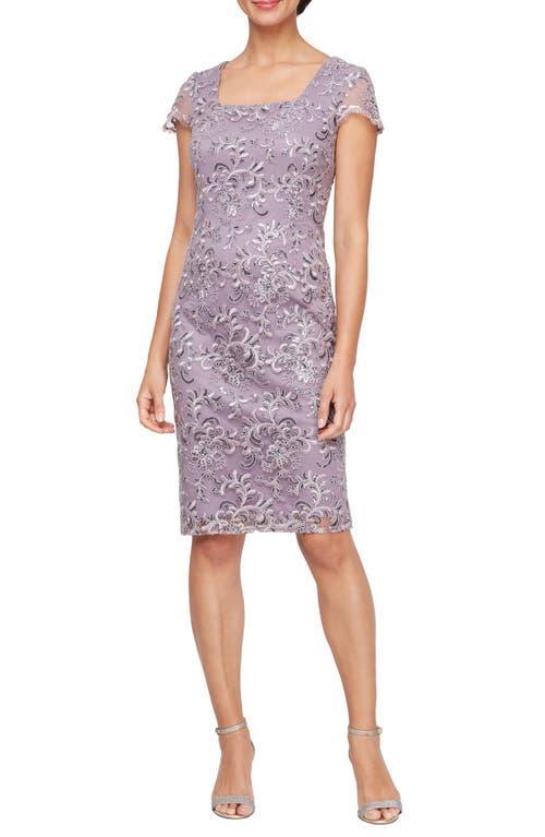 Alex Evenings Embroidered Sheath Dress with Cap Sleeves and Square Neckline (Wisteria) Women's Dress Product Image