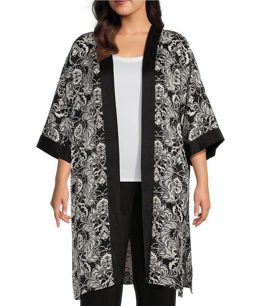 Slim Factor by Investments Plus Size Stylized Floral Placement Print 3/4 Sleeve Long Kimono Product Image