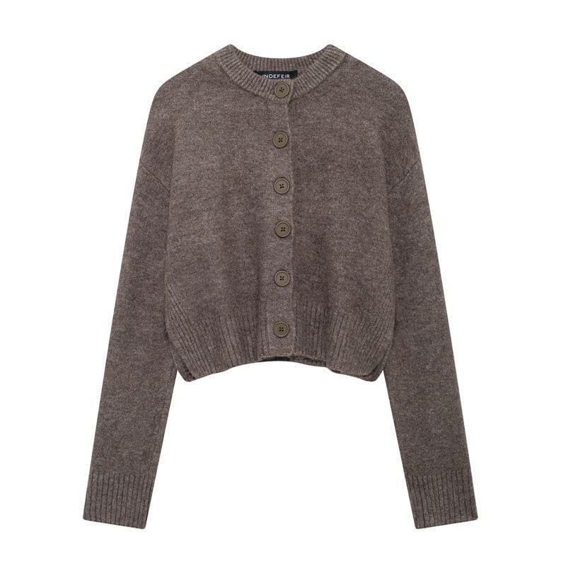 Crew Neck Plain Button-Up Crop Cardigan Product Image