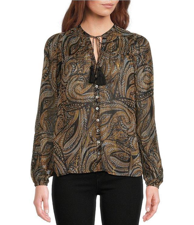 ELAN Paisley Foil Print V-Neck Long Sleeve Button Front Chiffon Blouse Product Image