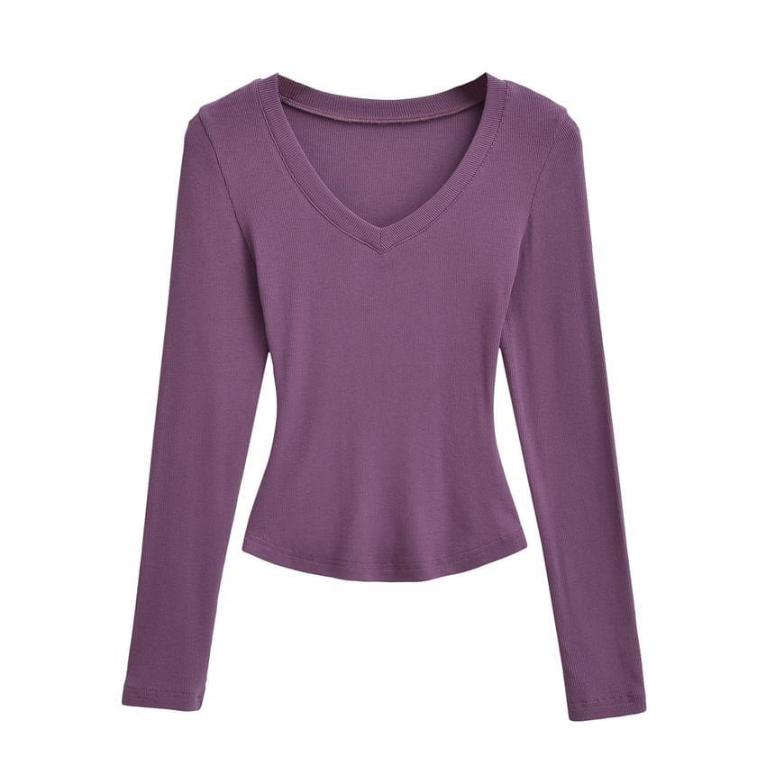 Long-Sleeve V-Neck Plain Crop Top Product Image