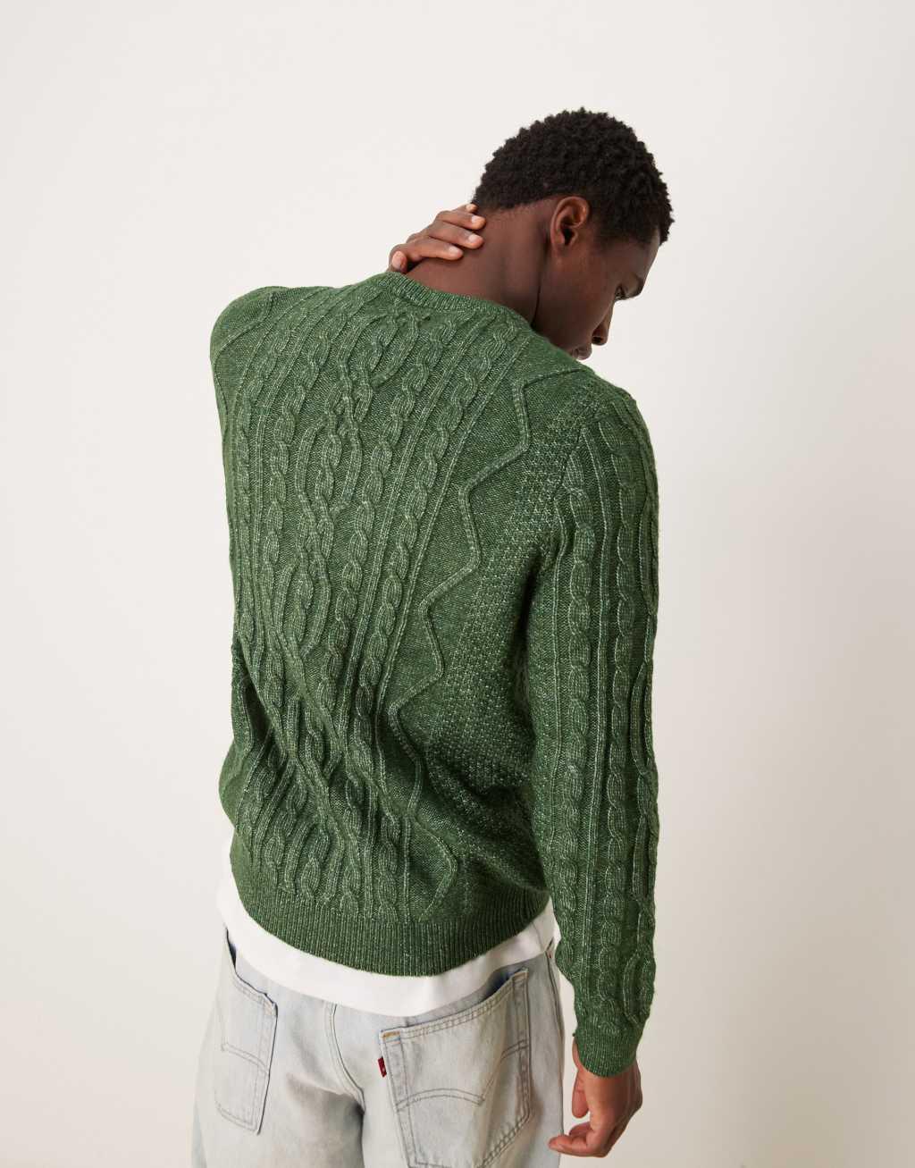 ASOS DESIGN heavyweight cable knit crew neck sweater in dark green Product Image