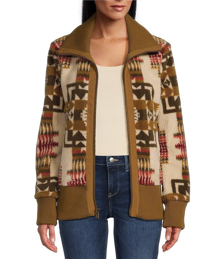 Pendleton Chief Joseph Pattern Berber Fleece Stand Collar Ribbed Knit Canvas-Trim Bomber Jacket Product Image